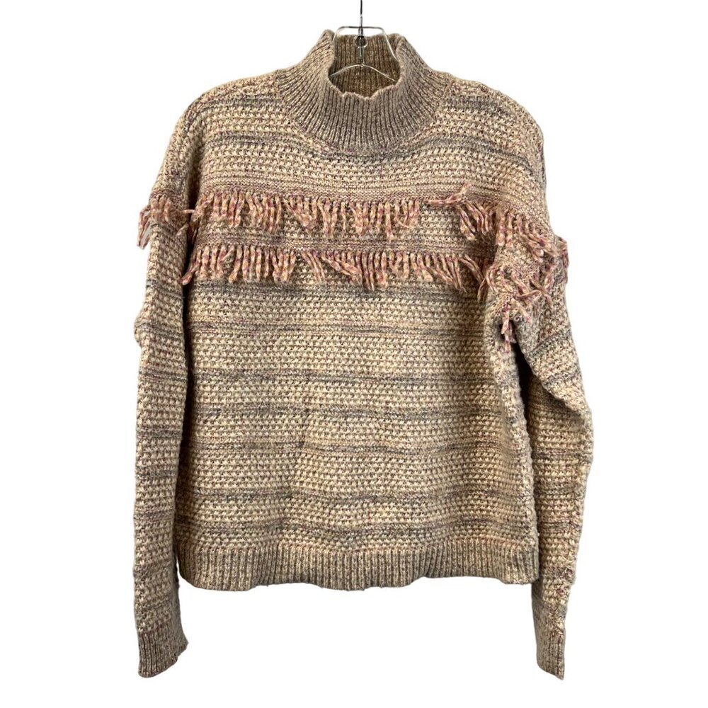 Loft Mock Neck Pink/Multi Knit Sweater Long Sleeve Size Small Fringe